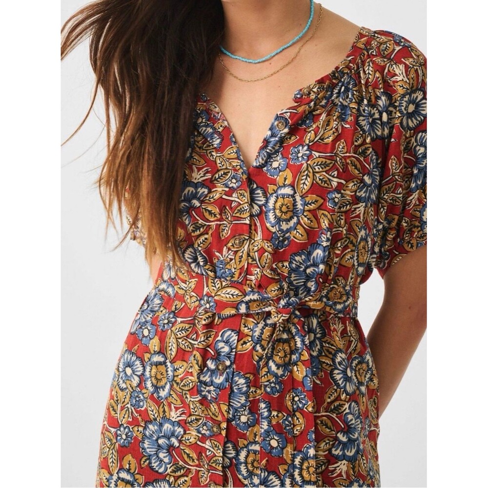 Faherty Carmel Linen Midi Dress Waist Tie Pockets in Red Desert Blossom Size XS - Picture 2 of 12